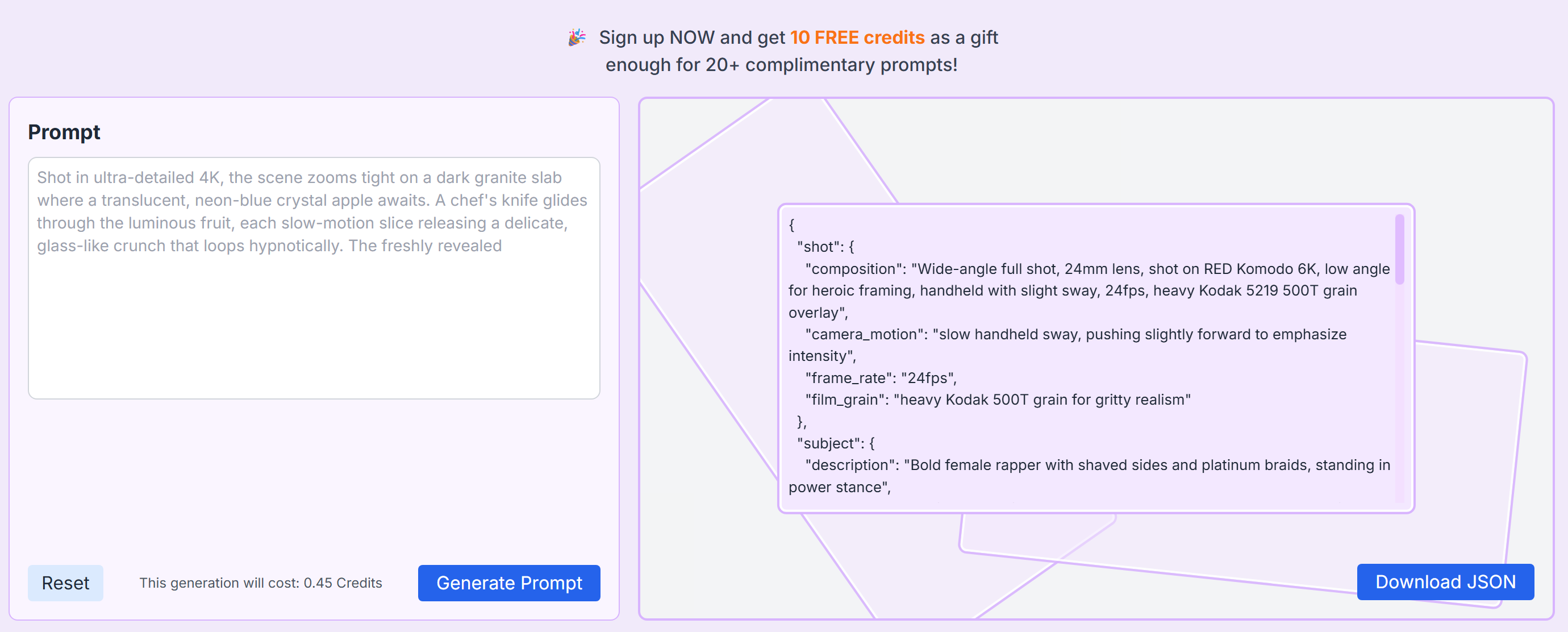 VeoVideo's JSON prompt generation page